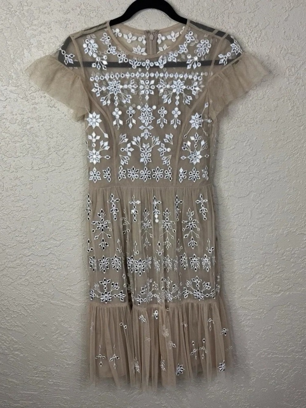 BHLDN Beige Tulle Mini Dress with White Floral Appliqué